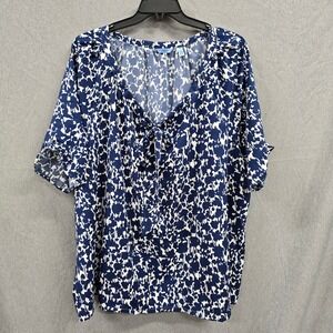 IZOD Womens 3X Navy Blue White Abstract Floral V-Neck Tie Blouse Short‎ Sleeve